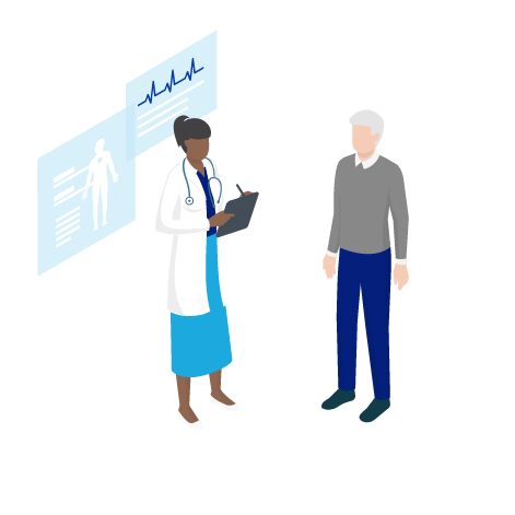 Female doctor talking to a man in a room with graphs on the wall