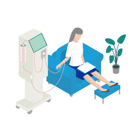 Ilustration of woman sitting in a chair receiving dialysis